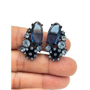 Signed WEISS Clip On Earrings Japanned Black & Blue Glass Stone Designer Jewelry